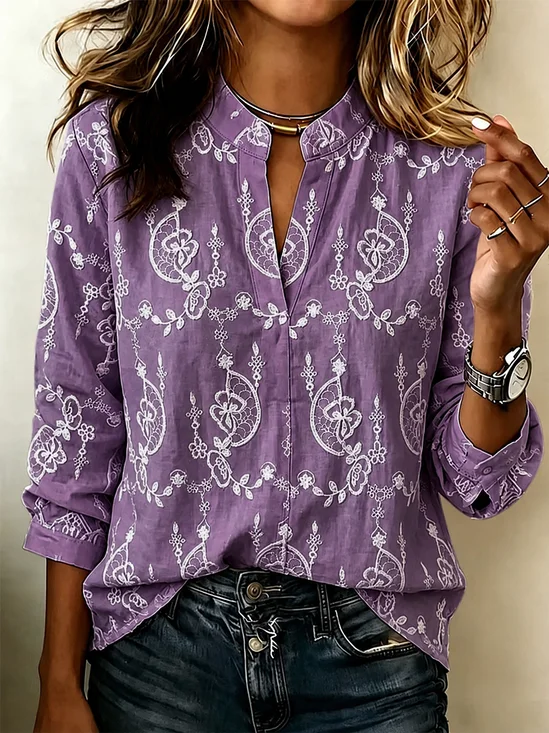 Women Floral V Neck Long Sleeve Blouse Printing Casual Daily Spring/Fall Top