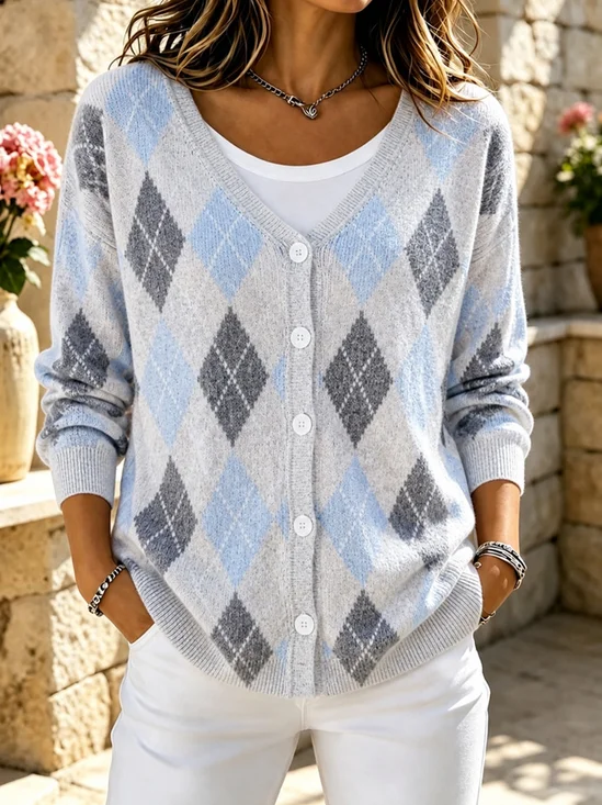 Women Geometric Long Sleeve V Neck Casual Spring/Fall Cardigan Outerwear
