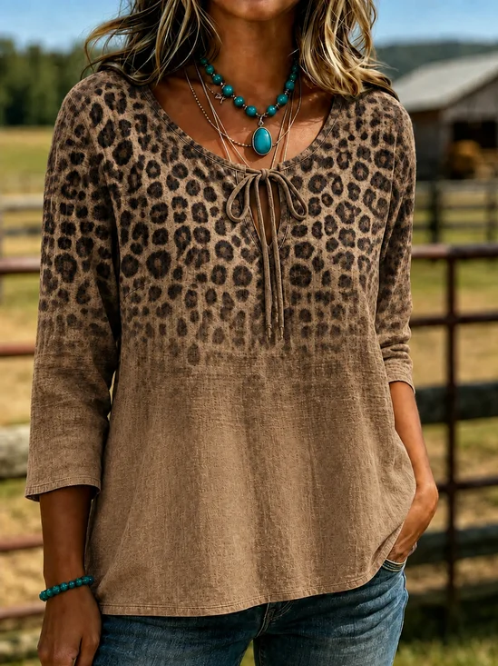 Women Ombre V Neck Half Sleeve Blouse Printing Vintage Daily Summer Top
