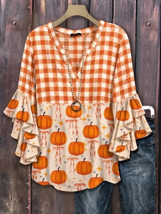 Women Plaid V Neck Half Sleeve Shirt Printing Casual Daily Summer Top