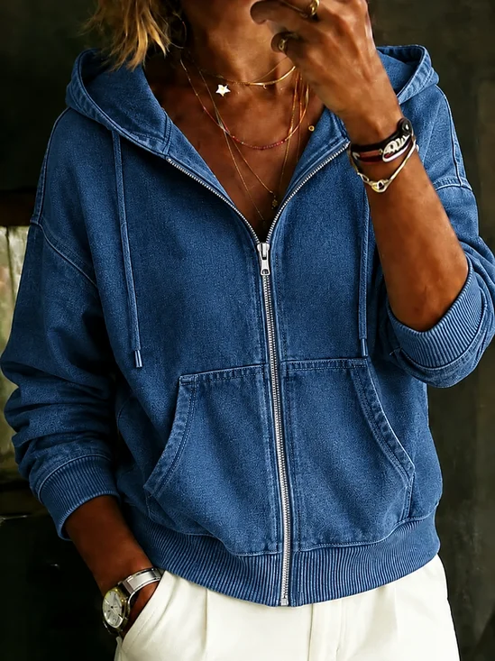 Women Plain Zipper Long Sleeve Vintage Daily Spring/Fall Hoodie