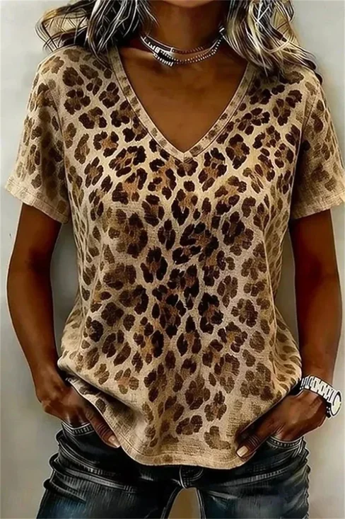 Women Leopard Short Sleeve Tee T-shirt V Neck Vintage Summer Top