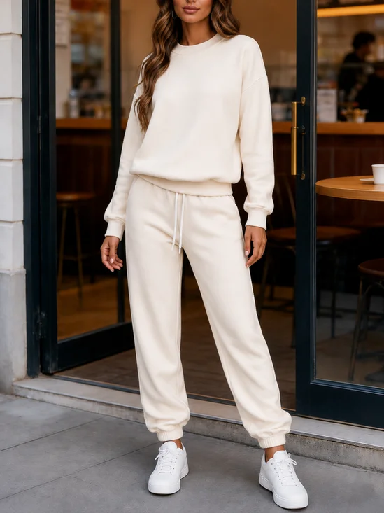 Women Plain Two-Piece Set Daily Long Sleeve Casual Spring/Fall Top With Pants Matching Set