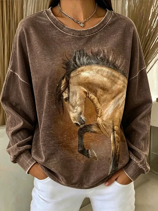 Women Horse Crew Neck Western Style Spring/Fall Long Sleeve Sweatshirt