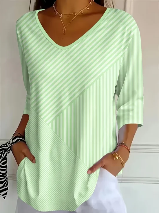 Women Striped Three Quarter Sleeve Tee T-shirt V Neck Printing Casual Graphic Tee Spring/Fall Top