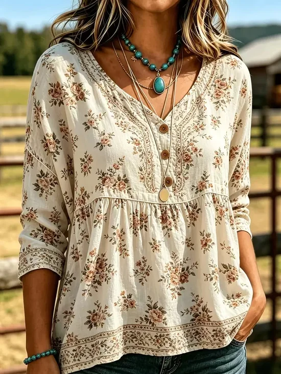 Women Floral V Neck Three Quarter Sleeve Blouse Vintage Daily Spring/Fall Top