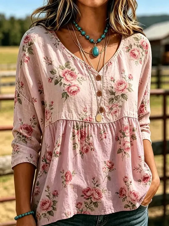 Women Floral V Neck Three Quarter Sleeve Blouse Vintage Daily Spring/Fall Top