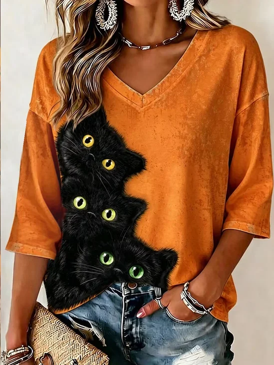 Women Cat Half Sleeve Tee T-shirt V Neck Casual Summer Top
