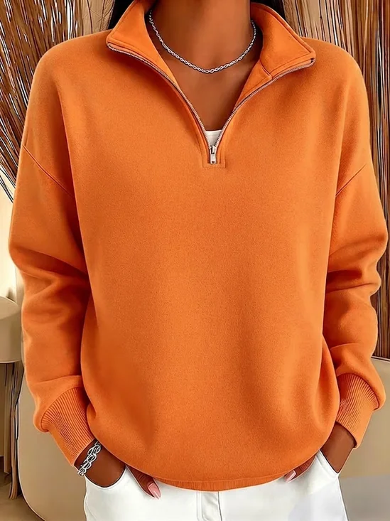 Women Plain Stand Collar Zipper Casual Spring/Fall Long Sleeve Sweatshirt
