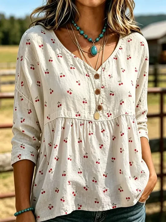 Women Floral V Neck Three Quarter Sleeve Blouse Vintage Daily Spring/Fall Top