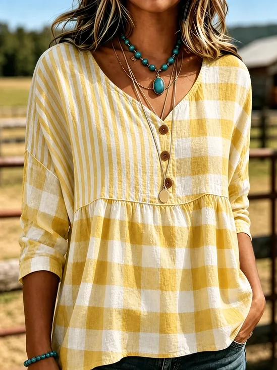 Women Striped V Neck Three Quarter Sleeve Blouse Vintage Daily Spring/Fall Top