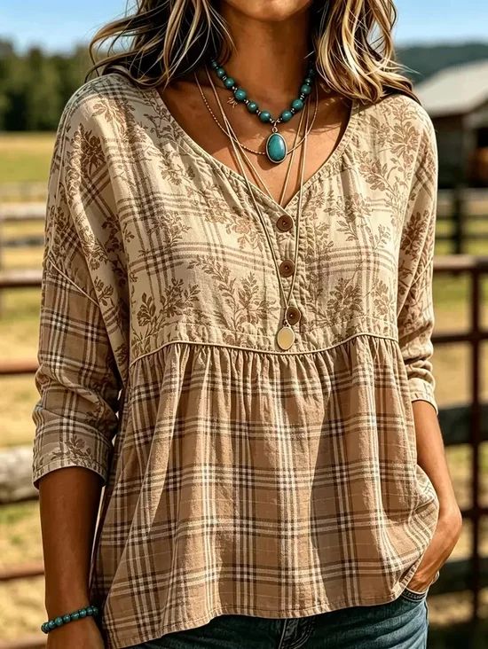 Women Floral V Neck Three Quarter Sleeve Blouse Vintage Daily Spring/Fall Top