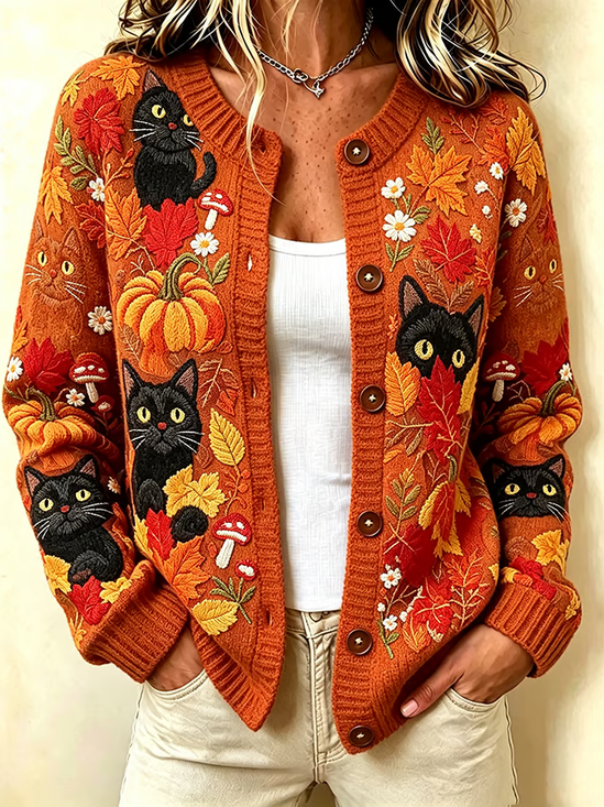 Women Cat Printing Long Sleeve Crew Neck Vintage Spring/Fall Cardigan Outerwear