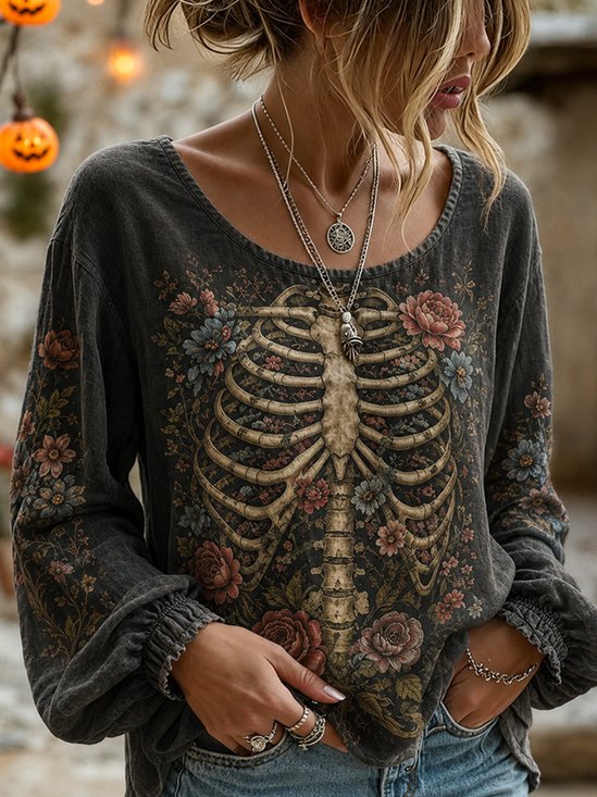 Women Floral Crew Neck Long Sleeve Blouse Printing Vintage Holiday Spring/Fall Top