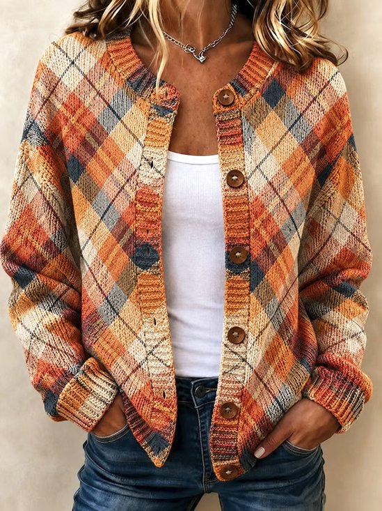 Women Plaid Long Sleeve Crew Neck Casual Spring/Fall Cardigan Outerwear