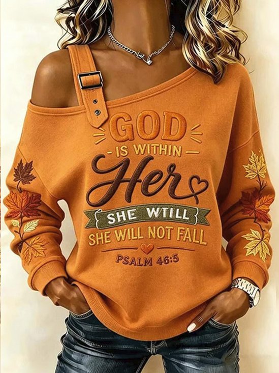 Women Text Letters One Shoulder Vintage Spring/Fall Long Sleeve Sweatshirt