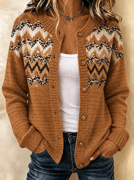 Women Geometric Long Sleeve Crew Neck Casual Spring/Fall Cardigan Outerwear