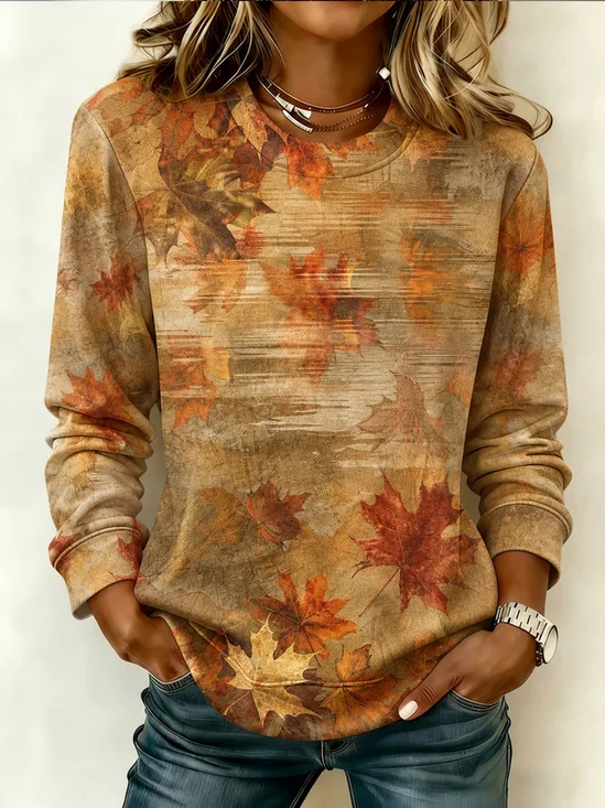 Women Maple Leaf Crew Neck Western Style Spring/Fall Long Sleeve Sweatshirt