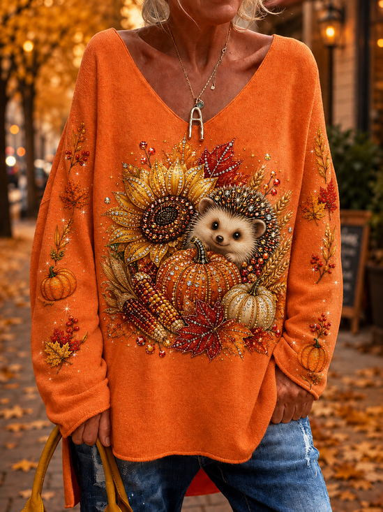 Elegant V Neck Loose Animal Knit Top