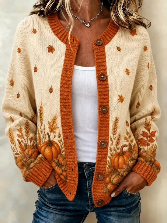Women Maple Leaf Printing Long Sleeve Crew Neck Vintage Spring/Fall Cardigan Outerwear