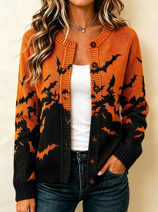 Women Color Block Long Sleeve Crew Neck Casual Spring/Fall Cardigan Outerwear