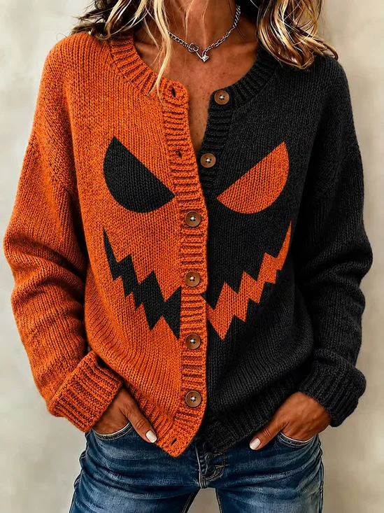 Women Halloween Printing Long Sleeve Crew Neck Vintage Spring/Fall Cardigan Outerwear
