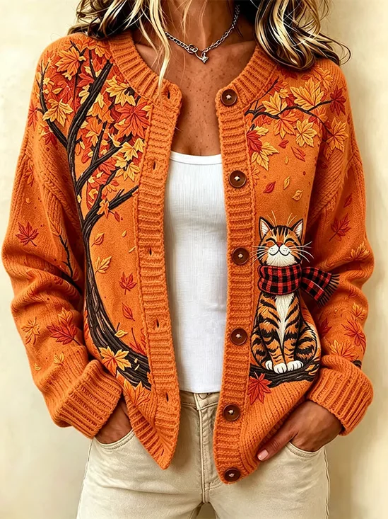 Women Cat Printing Long Sleeve Crew Neck Vintage Spring/Fall Cardigan Outerwear