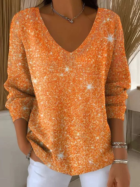 Women Random Print Printing Casual Long Sleeve V Neck Cotton Spring/Fall Sweater