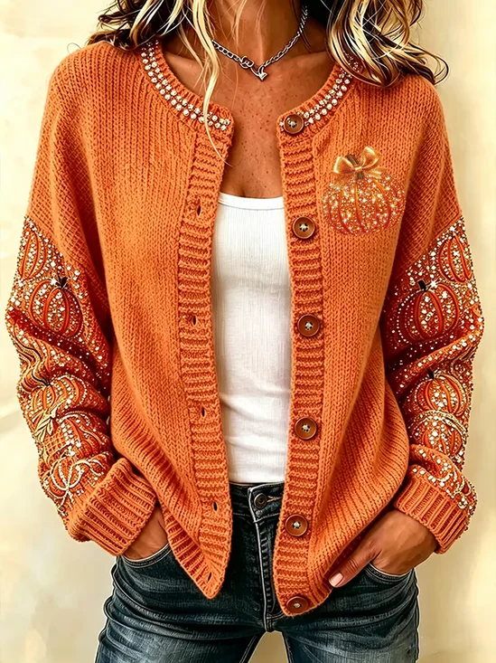 Women Pumpkin Pattern Printing Long Sleeve Crew Neck Vintage Spring/Fall Cardigan Outerwear