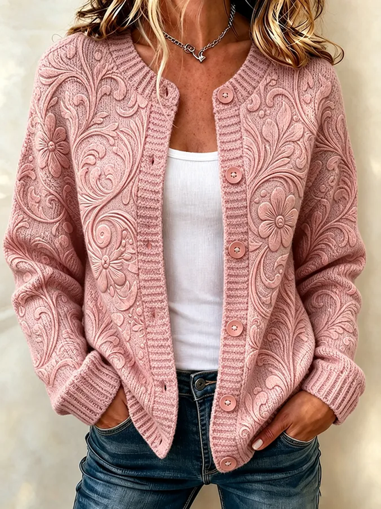 Women Floral Printing Long Sleeve Crew Neck Vintage Spring/Fall Cardigan Outerwear