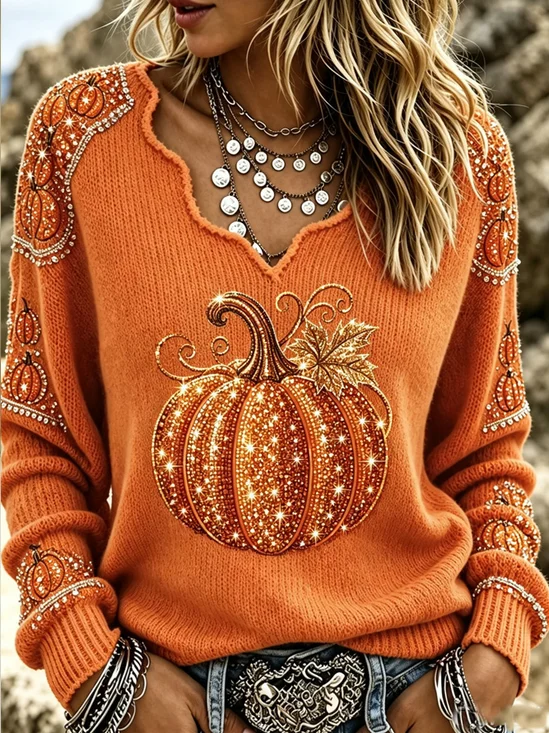 Women Pumpkin Pattern Long Sleeve Tee T-shirt V Neck Vintage Spring/Fall Top