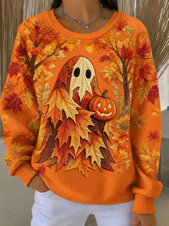 Women Maple Leaf Crew Neck Casual Spring/Fall Long Sleeve Sweatshirt