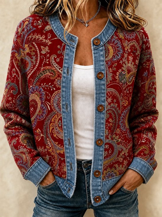 Women Floral Long Sleeve Crew Neck Vintage Spring/Fall Cardigan Outerwear
