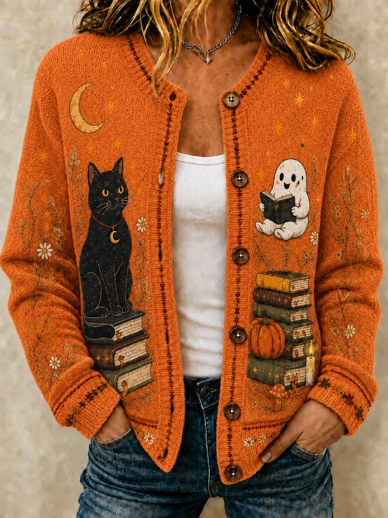 Women Color Block Long Sleeve Crew Neck Vintage Spring/Fall Cardigan Outerwear