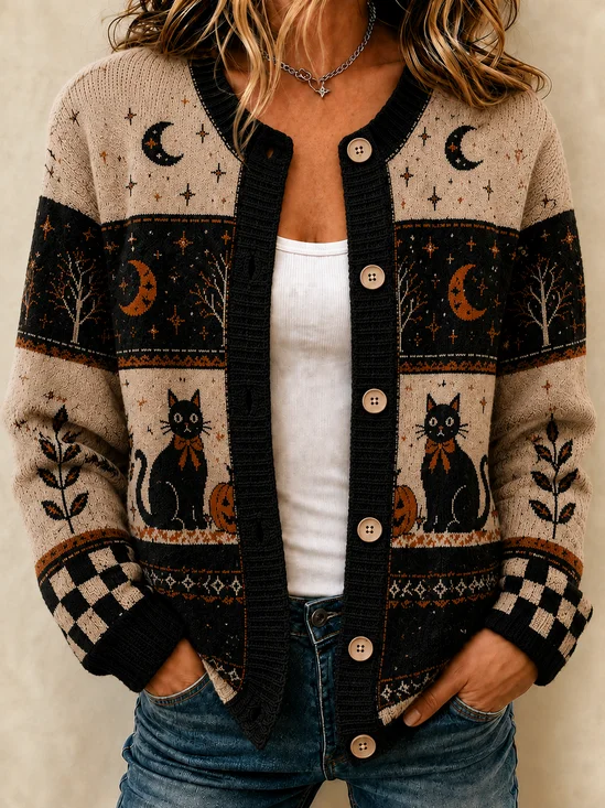 Women Color Block Long Sleeve Crew Neck Vintage Spring/Fall Cardigan Outerwear
