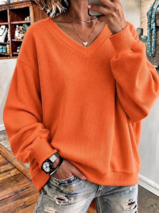 Women Plain V Neck Casual Spring/Fall Long Sleeve Sweatshirt