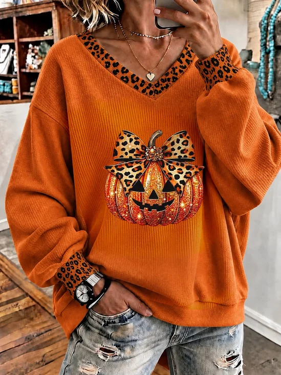 Women Leopard V Neck Casual Spring/Fall Long Sleeve Sweatshirt