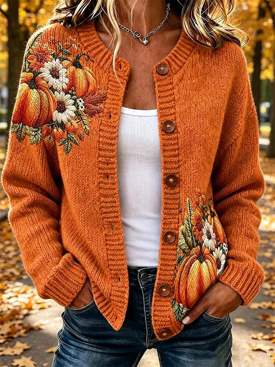 Women Floral Printing Long Sleeve Crew Neck Vintage Spring/Fall Cardigan Outerwear