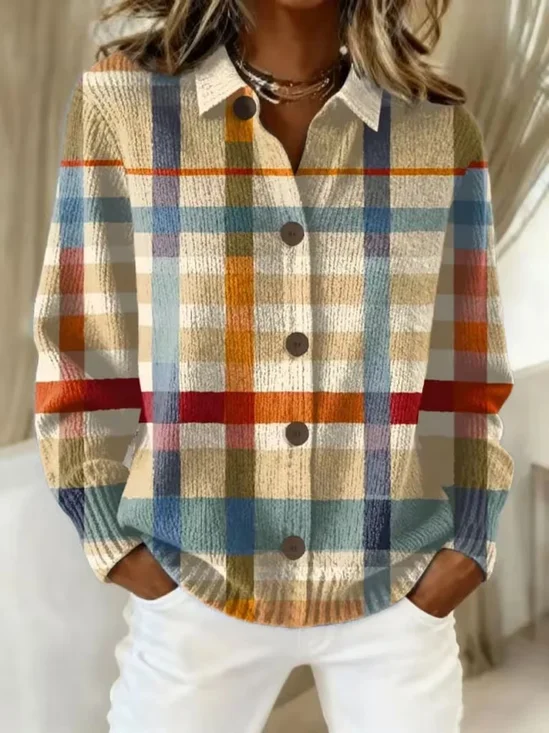 Women Color Block Long Sleeve Shirt Collar Casual Spring/Fall Cardigan Outerwear