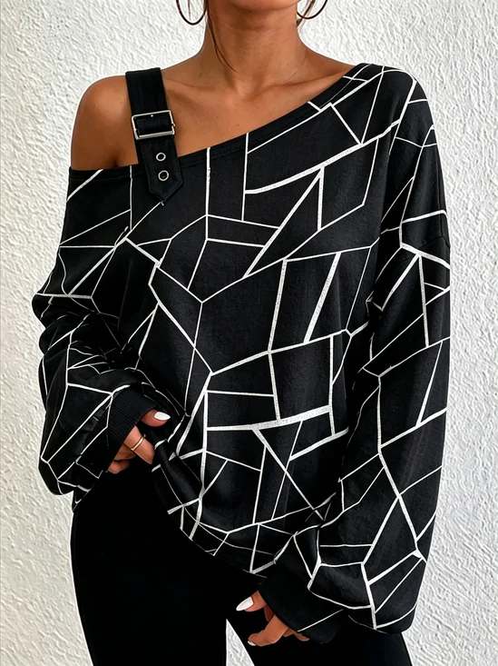 Women Geometric One Shoulder Casual Spring/Fall Long Sleeve Sweatshirt