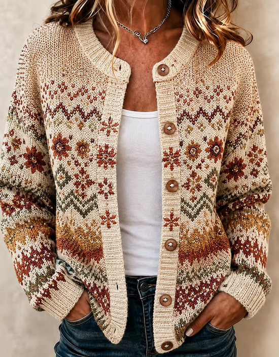 Women Abstract Printing Long Sleeve Crew Neck Vintage Spring/Fall Cardigan Outerwear