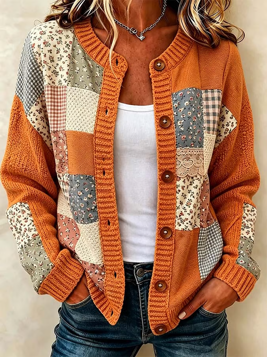 Women Floral Printing Long Sleeve Crew Neck Vintage Spring/Fall Cardigan Outerwear