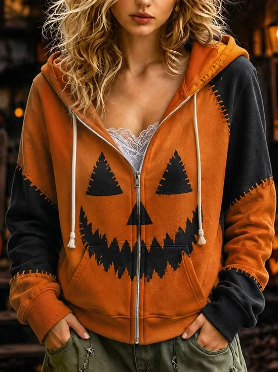 Women Halloween (pumpkin) Printing Long Sleeve Casual Holiday Spring/Fall Hoodie