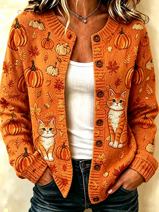 Women Cat Printing Long Sleeve Crew Neck Vintage Spring/Fall Cardigan Outerwear