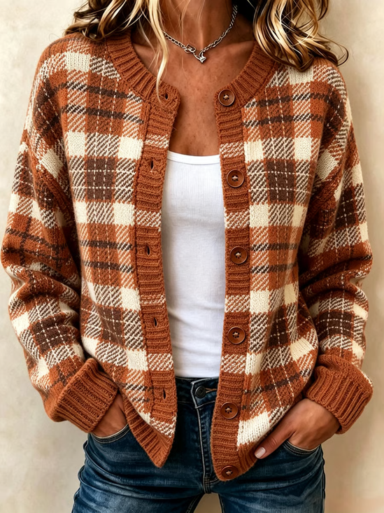 Women Plaid Printing Long Sleeve Crew Neck Vintage Spring/Fall Cardigan Outerwear