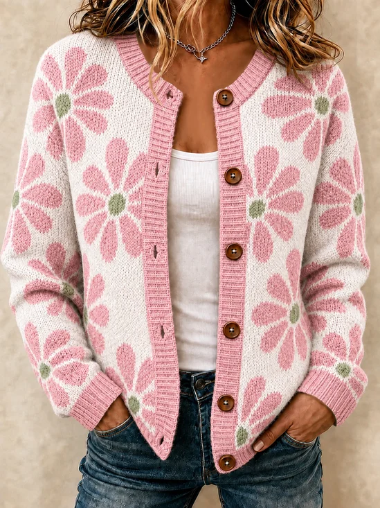 Women Floral Printing Long Sleeve Crew Neck Casual Spring/Fall Cardigan Outerwear