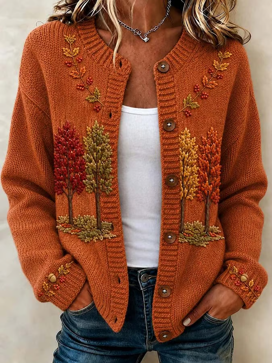 Women Maple Leaf Printing Long Sleeve Crew Neck Vintage Spring/Fall Cardigan Outerwear