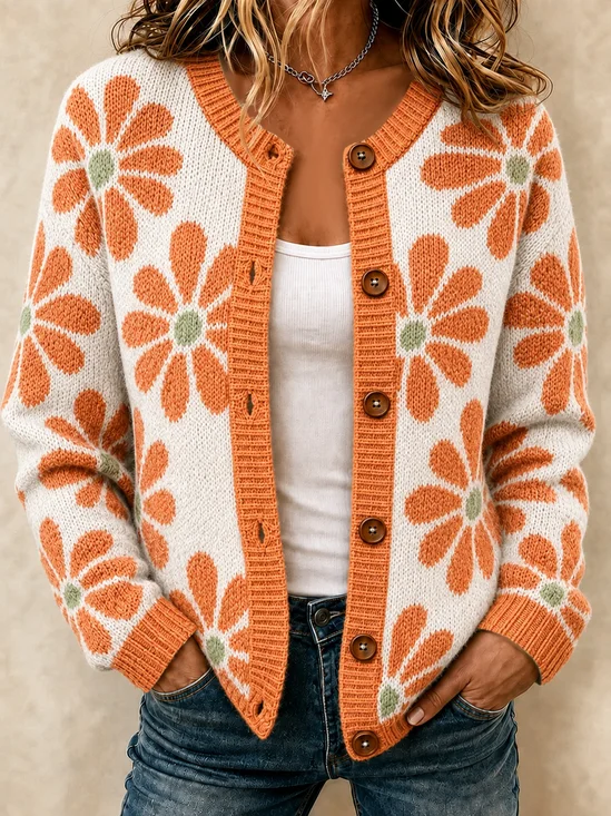Women Floral Printing Long Sleeve Crew Neck Casual Spring/Fall Cardigan Outerwear