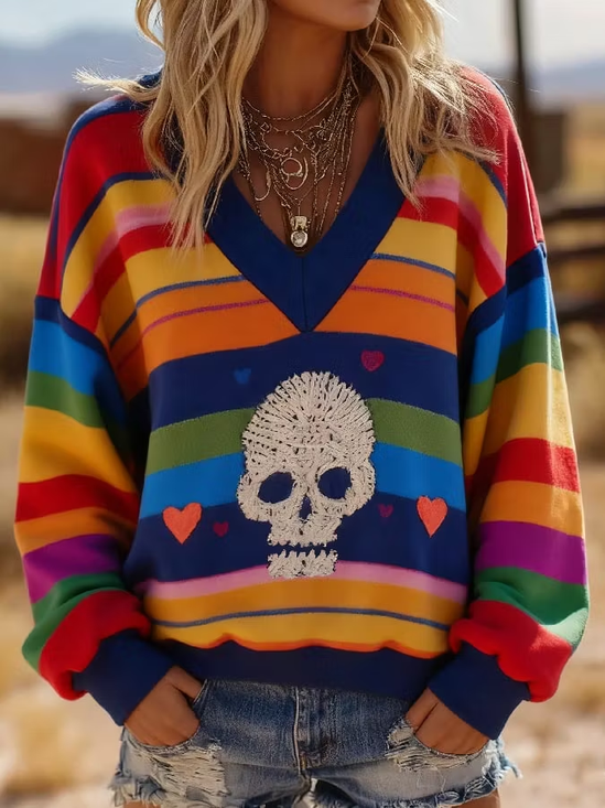 Women Striped V Neck Printing Casual Spring/Fall Long Sleeve Sweatshirt