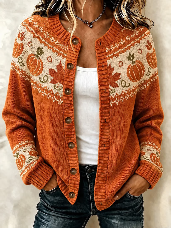 Women Maple Leaf Printing Long Sleeve Crew Neck Vintage Spring/Fall Cardigan Outerwear